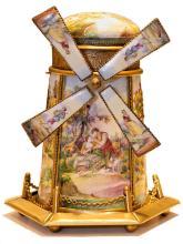 Vintage European Austrian Gilt Metal and Enamel Windmill Music Box