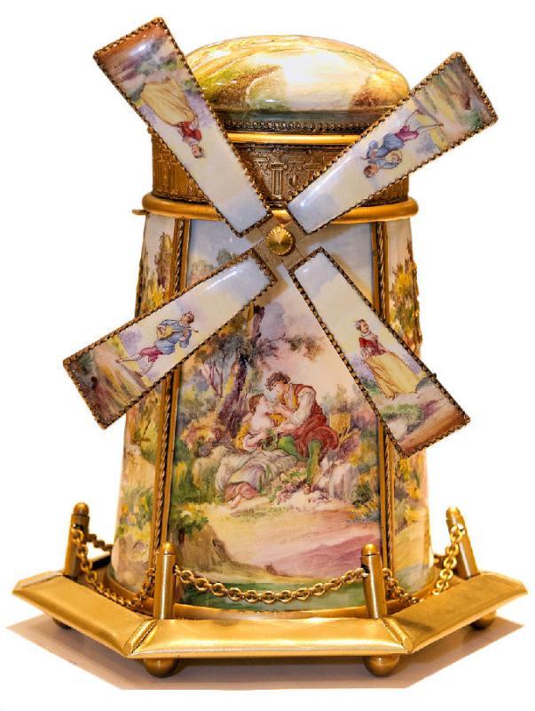 Vintage European Austrian Gilt Metal and Enamel Windmill Music Box