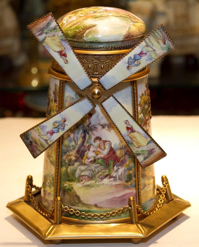 Vintage European Austrian Gilt Metal and Enamel Windmill Music Box