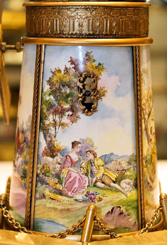 Vintage European Austrian Gilt Metal and Enamel Windmill Music Box