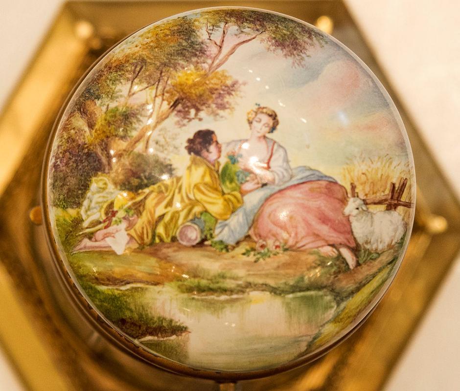 Vintage European Austrian Gilt Metal and Enamel Windmill Music Box