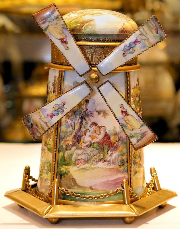 Vintage European Austrian Gilt Metal and Enamel Windmill Music Box