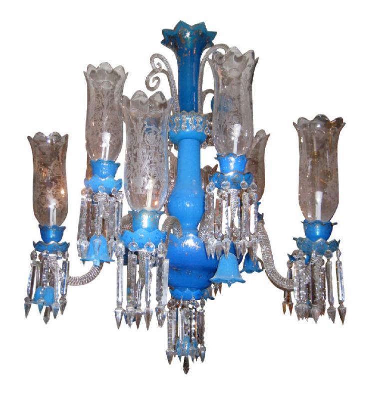 Exceptional Antique Blue Opaline Glass Chandelier