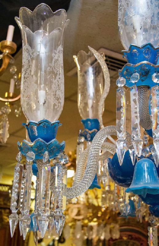 Exceptional Antique Blue Opaline Glass Chandelier