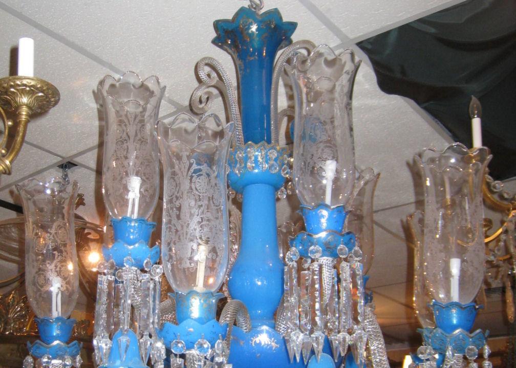 Exceptional Antique Blue Opaline Glass Chandelier
