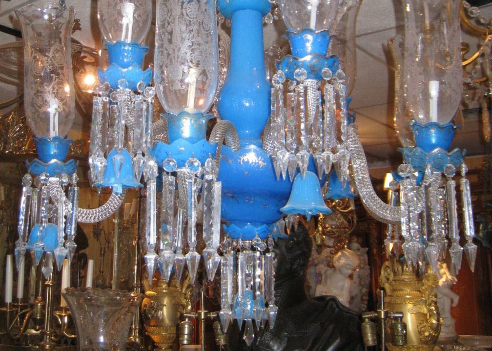 Exceptional Antique Blue Opaline Glass Chandelier