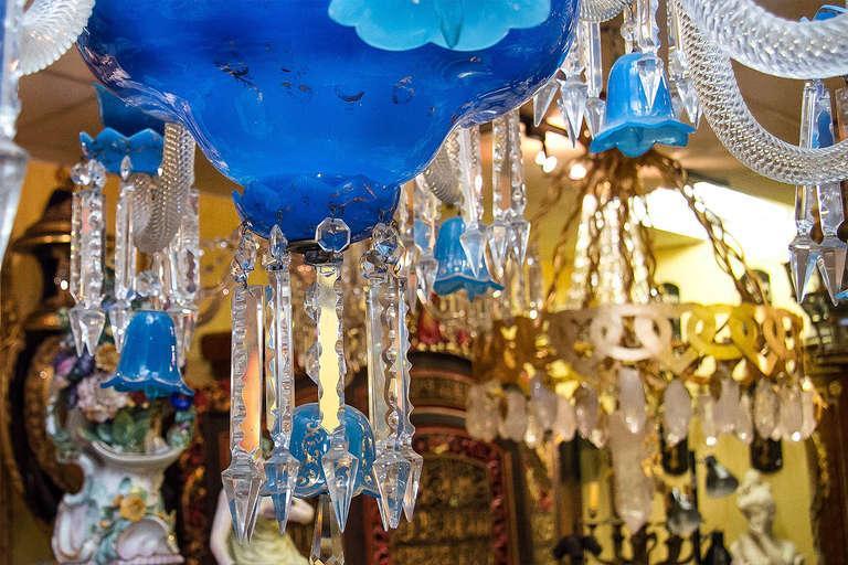 Exceptional Antique Blue Opaline Glass Chandelier