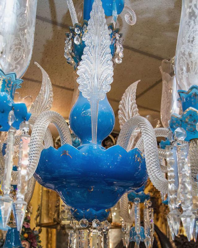 Exceptional Antique Blue Opaline Glass Chandelier