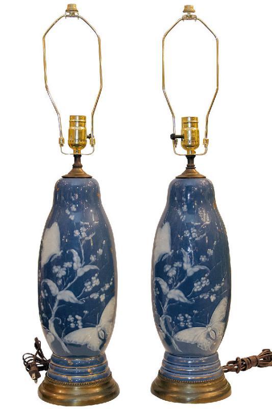 Pair Antique Pate-sur-pate Porcelain Table Lamps