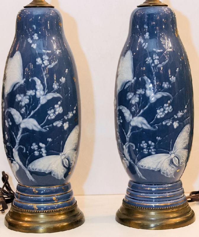 Pair Antique Pate-sur-pate Porcelain Table Lamps