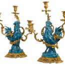 Pair Antique French Bronze Turquoise Porcelain Rooster Candelabra by Arson