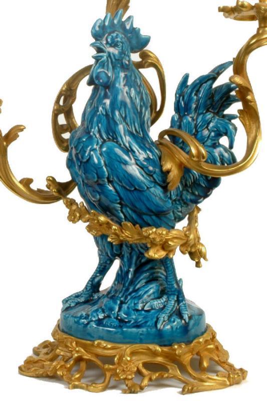 Pair Antique French Bronze Turquoise Porcelain Rooster Candelabra by Arson