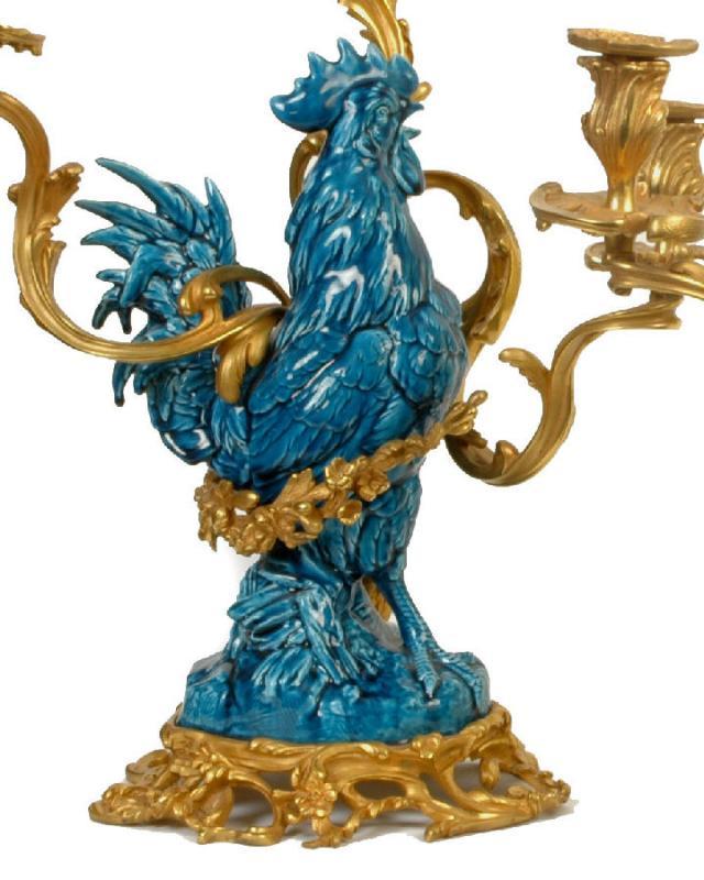 Pair Antique French Bronze Turquoise Porcelain Rooster Candelabra by Arson
