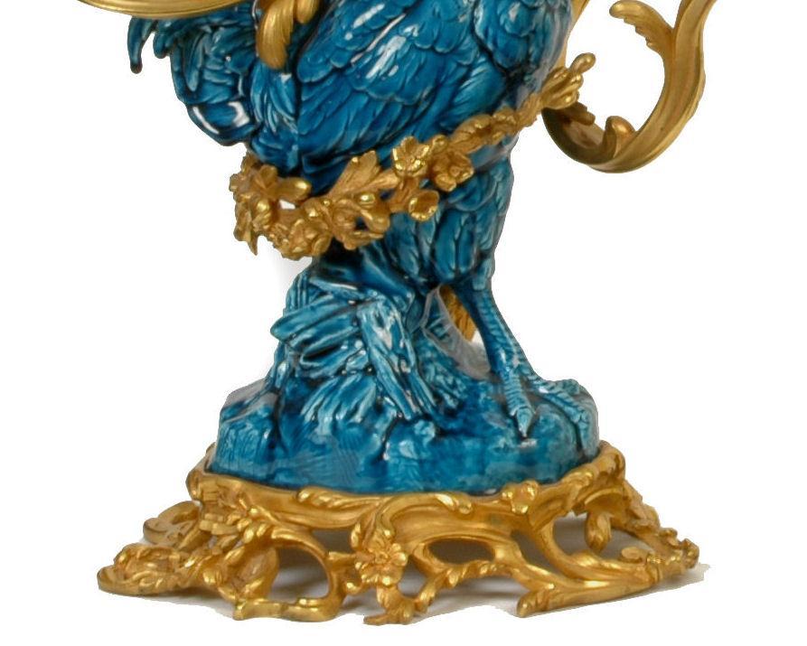 Pair Antique French Bronze Turquoise Porcelain Rooster Candelabra by Arson