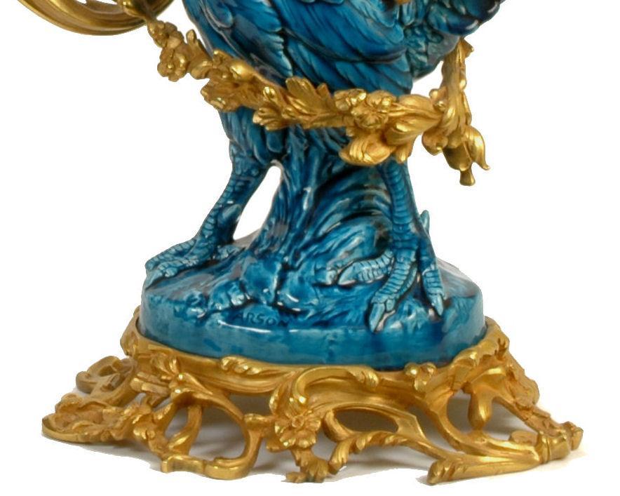 Pair Antique French Bronze Turquoise Porcelain Rooster Candelabra by Arson