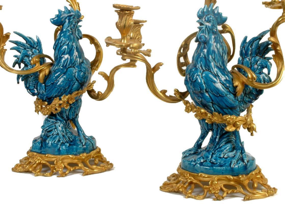 Pair Antique French Bronze Turquoise Porcelain Rooster Candelabra by Arson