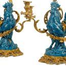 Pair Antique French Bronze Turquoise Porcelain Rooster Candelabra by Arson