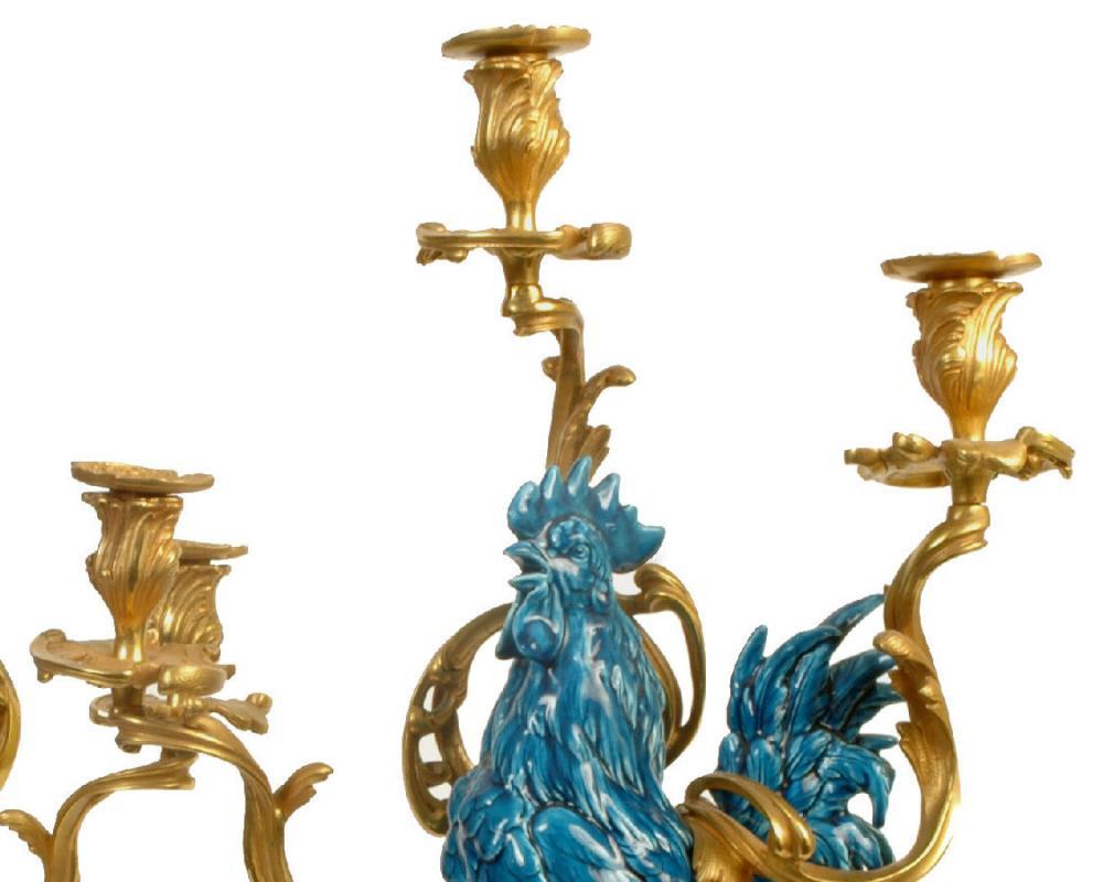 Pair Antique French Bronze Turquoise Porcelain Rooster Candelabra by Arson