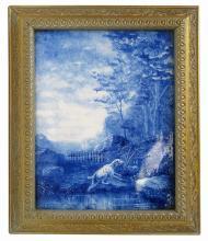Antique Hunting Hound Dog Blue & White Ceramic Picture Tile