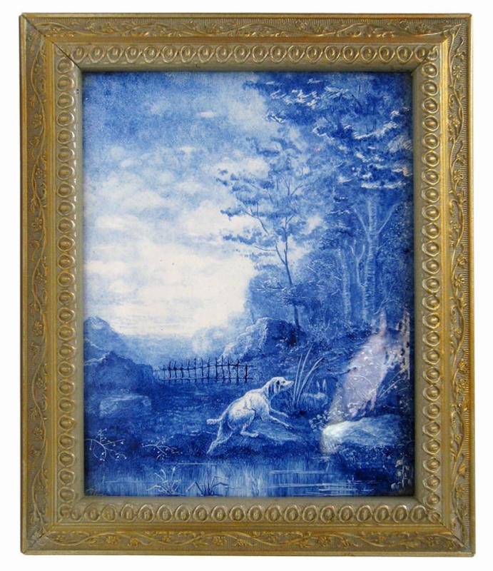 Antique Hunting Hound Dog Blue & White Ceramic Picture Tile