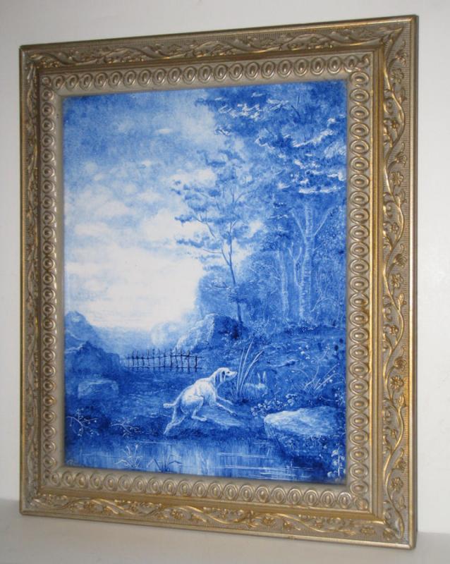 Antique Hunting Hound Dog Blue & White Ceramic Picture Tile