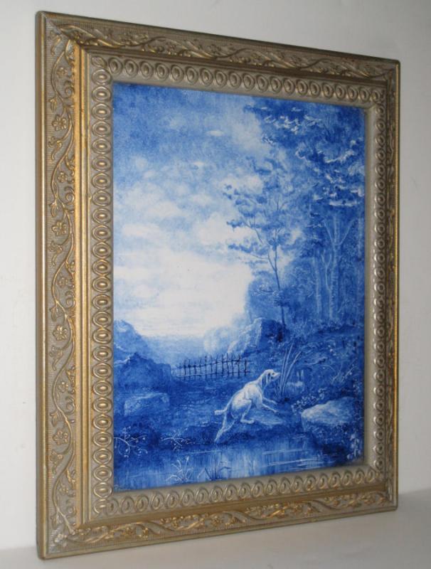 Antique Hunting Hound Dog Blue & White Ceramic Picture Tile