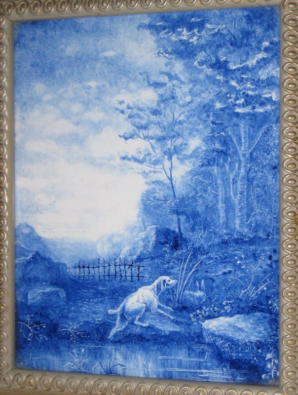 Antique Hunting Hound Dog Blue & White Ceramic Picture Tile