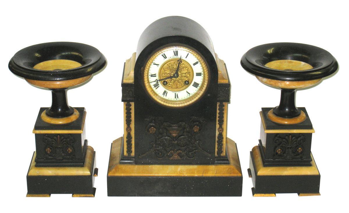 Antique French Neoclassical Marble & Bronze Mantel Clock Garniture from J.E. Caldwell of Philadelphia