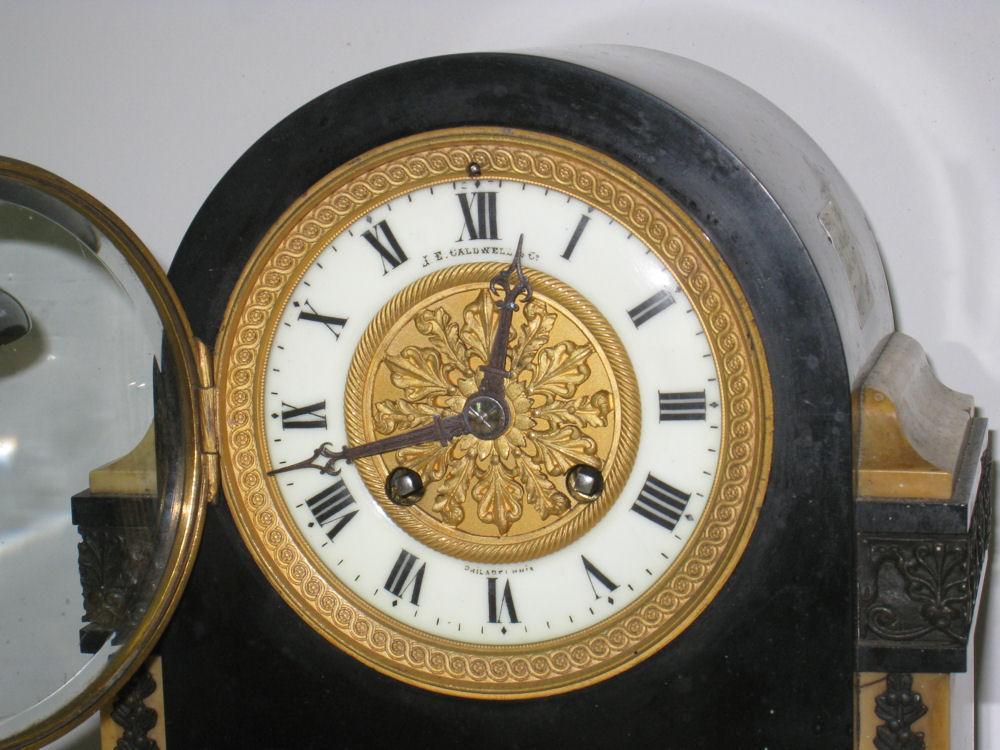Antique French Neoclassical Marble & Bronze Mantel Clock Garniture from J.E. Caldwell of Philadelphia