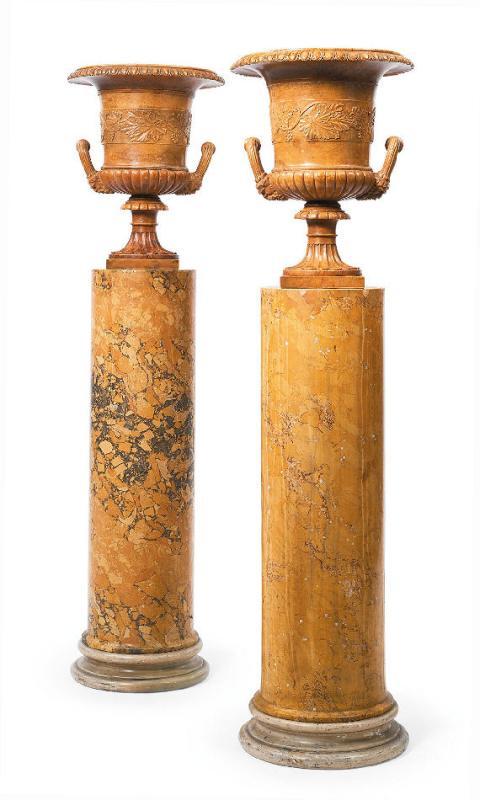 Pair Neoclassical Style Carved Alabaster Urns with Scagliola Pedestals