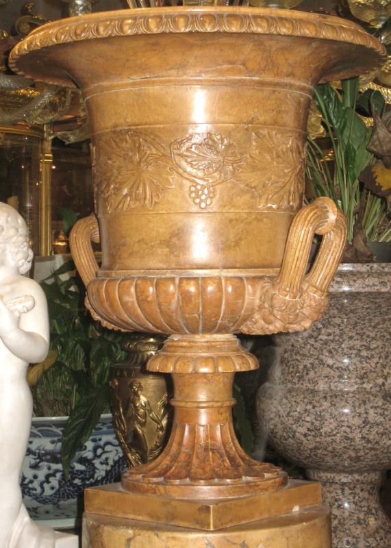 Pair Neoclassical Style Carved Alabaster Urns with Scagliola Pedestals