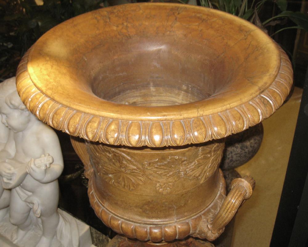 Pair Neoclassical Style Carved Alabaster Urns with Scagliola Pedestals