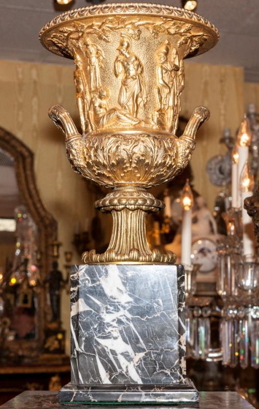 Pair Antique Bronze & Marble Vases After the Ancient Greek Medici