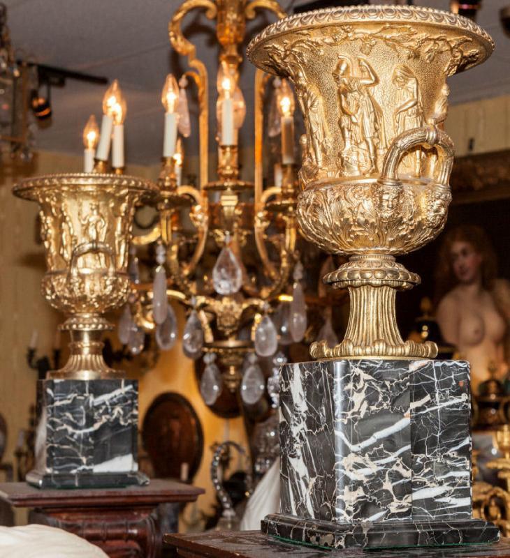 Pair Antique Bronze & Marble Vases After the Ancient Greek Medici