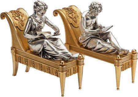 Pair Gilt and Silvered Bronze French Neoclassical Figurative Fireplace Chenets by Bouhon