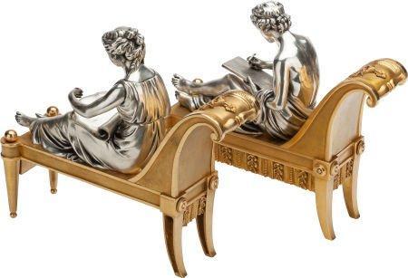 Pair Gilt and Silvered Bronze French Neoclassical Figurative Fireplace Chenets by Bouhon