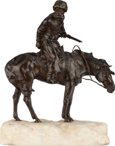 Antique Bronze Marble Figurine Sculpture of Russian Cossack on Horseback by RENE