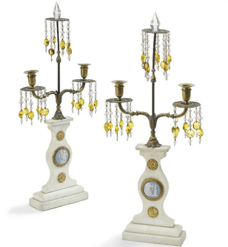 Pair of Marble and Bronze Candelabra with Neoclassical Jasperware Medallions