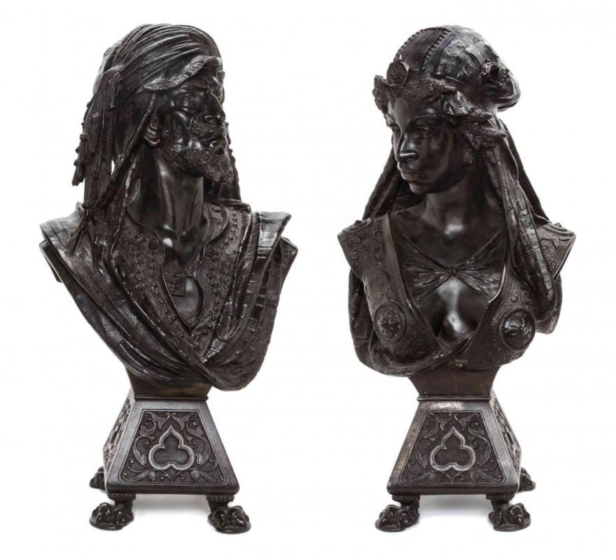 Antique Orientalist Male & Female Moor Busts in Patinated Metal