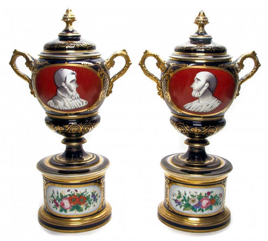 Pair Antique Figurative Painted Paris Porcelain Apothecary Urns with Lids