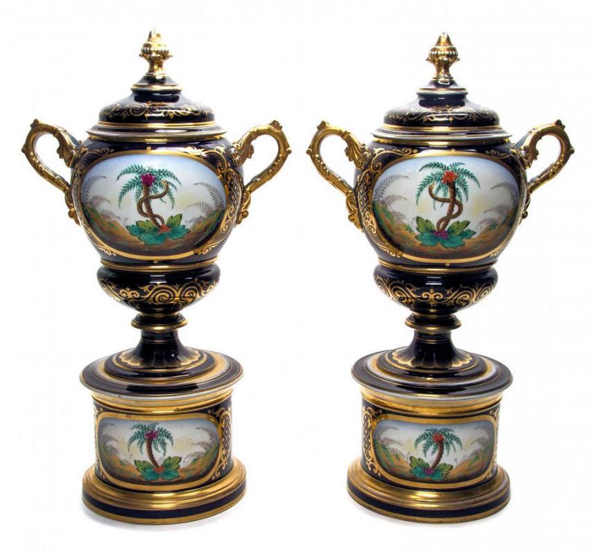 Pair Antique Figurative Painted Paris Porcelain Apothecary Urns with Lids