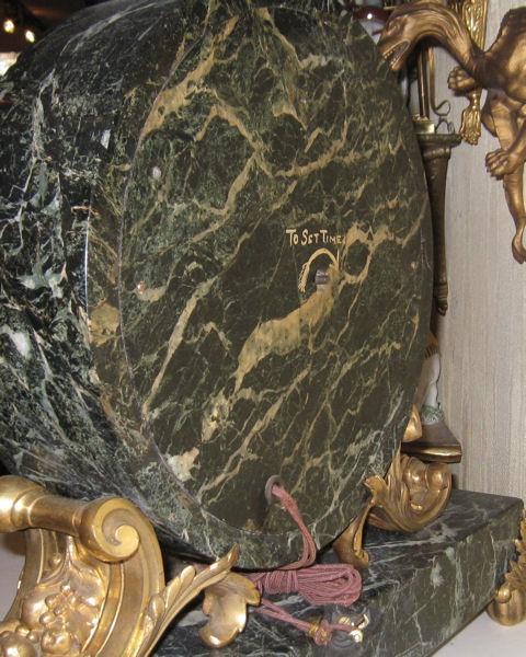 E.F. Caldwell Gilt Bronze Mounted Green Vert de Maurin Marble Mantle Clock