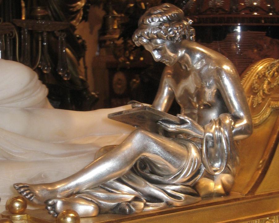 Pair Gilt and Silvered Bronze French Neoclassical Figurative Fireplace Chenets by Bouhon