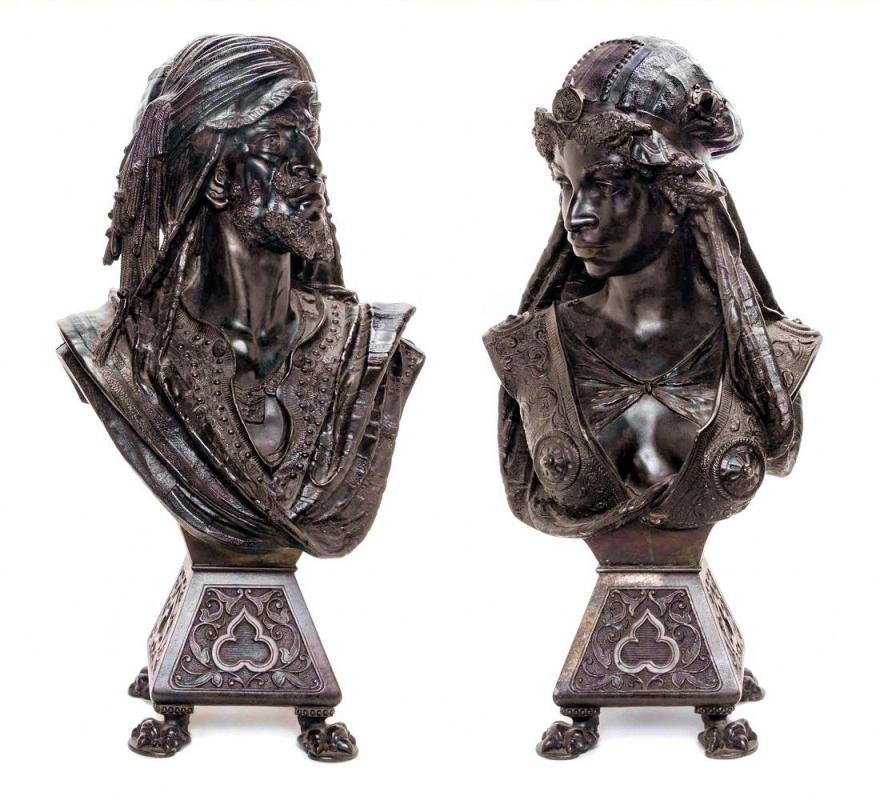 Antique Orientalist Male & Female Moor Busts in Patinated Metal