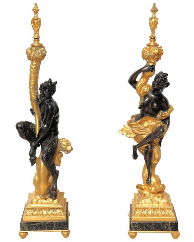 E.F. Caldwell Pair Gilt Bronze Satyr & Nymph Table Lamps