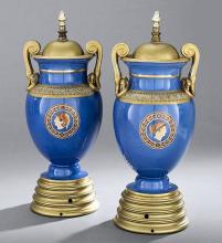 Pair Antique Greco-Roman Blue Glazed Pottery Table Lamps