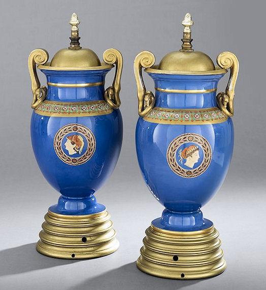 Pair Antique Greco-Roman Blue Glazed Pottery Table Lamps