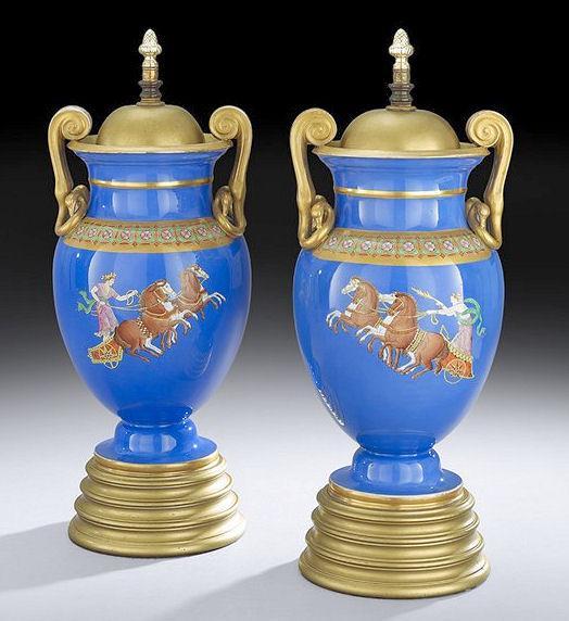 Pair Antique Greco-Roman Blue Glazed Pottery Table Lamps