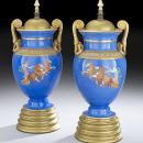 Pair Antique Greco-Roman Blue Glazed Pottery Table Lamps