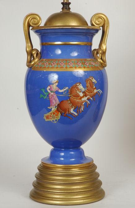Pair Antique Greco-Roman Blue Glazed Pottery Table Lamps
